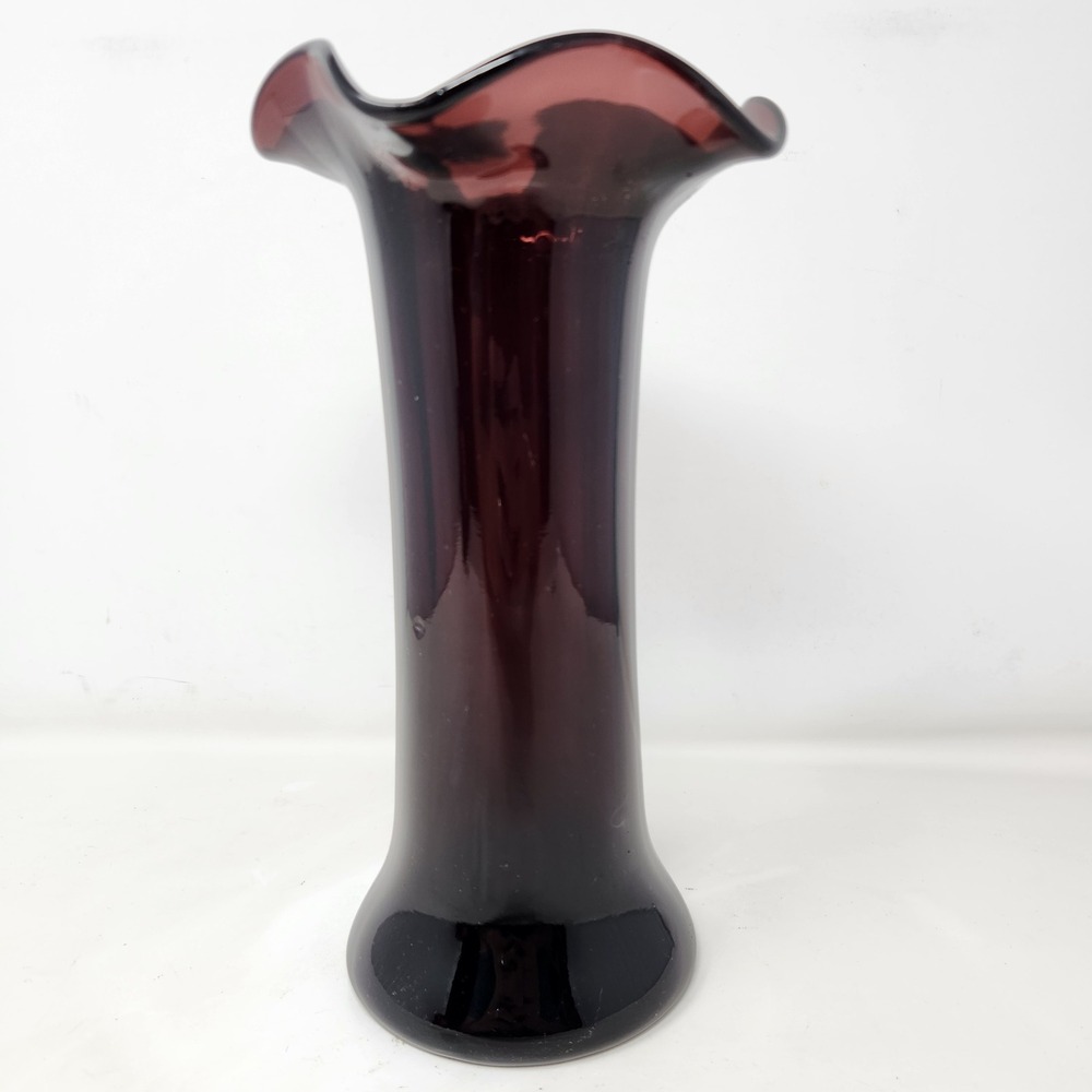 Vintage Amethyst Purple Art Glass Ruffled Trumpet Vase Hand Blown 10 Inch